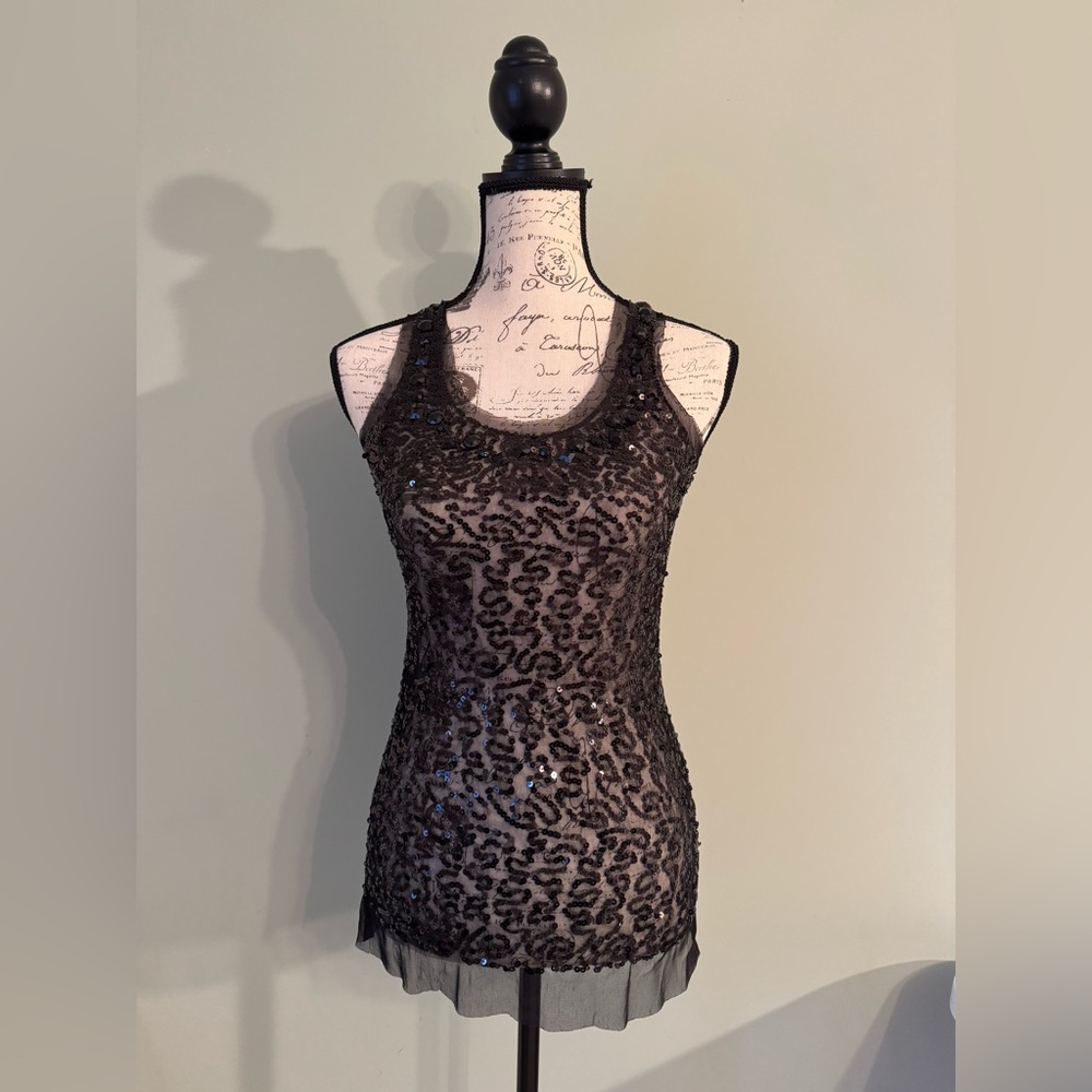Body Central Black Sequin Beaded Sheer Sleeveless Top Size Small